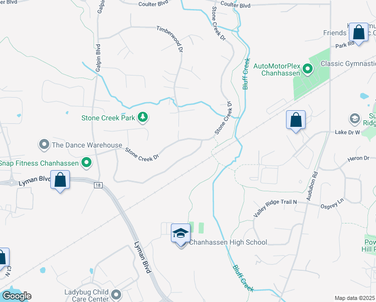 map of restaurants, bars, coffee shops, grocery stores, and more near 2109 Stone Creek Drive in Chanhassen