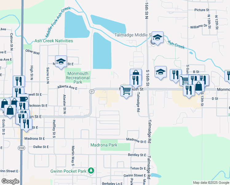 map of restaurants, bars, coffee shops, grocery stores, and more near 1800 Monmouth Street in Monmouth