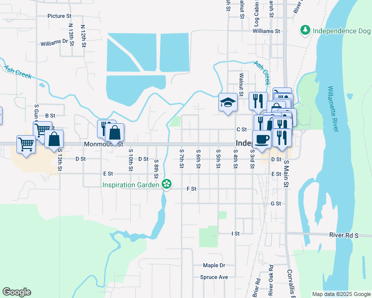 map of restaurants, bars, coffee shops, grocery stores, and more near 675 Monmouth Street in Independence