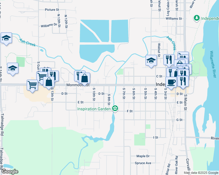 map of restaurants, bars, coffee shops, grocery stores, and more near 824 Monmouth Street in Independence