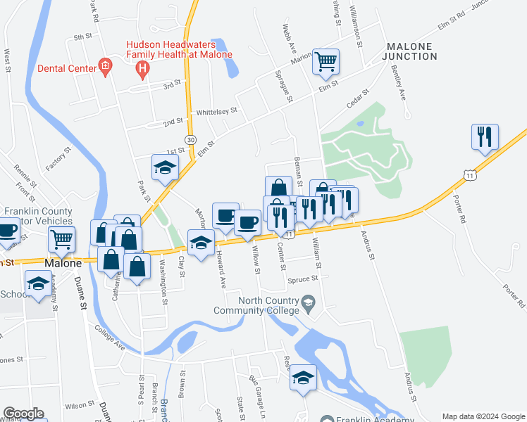 map of restaurants, bars, coffee shops, grocery stores, and more near 36 Edward Street in Malone