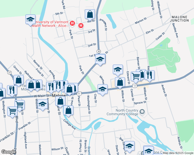 map of restaurants, bars, coffee shops, grocery stores, and more near 42-46 Morton St in Malone