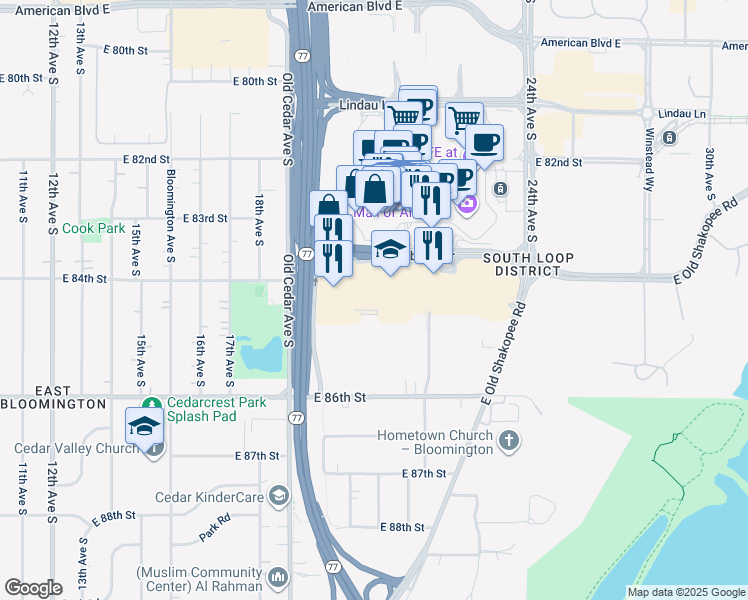 map of restaurants, bars, coffee shops, grocery stores, and more near 2001 Killebrew Drive in Bloomington