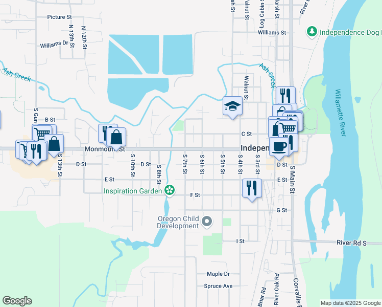 map of restaurants, bars, coffee shops, grocery stores, and more near 675 Monmouth Street in Independence