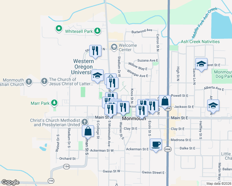 map of restaurants, bars, coffee shops, grocery stores, and more near 339 Monmouth Avenue North in Monmouth