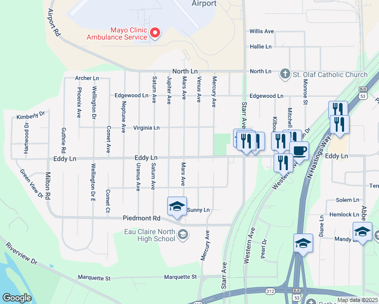 map of restaurants, bars, coffee shops, grocery stores, and more near 3036 Mars Avenue in Eau Claire