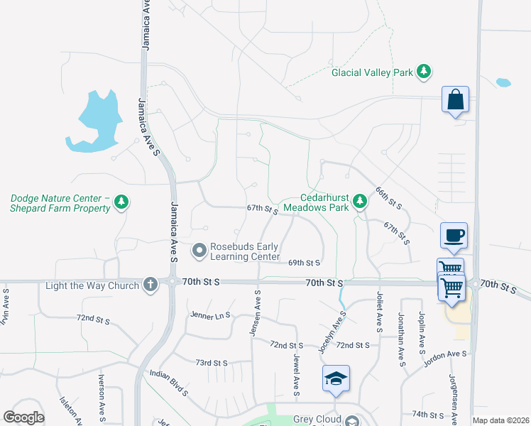 map of restaurants, bars, coffee shops, grocery stores, and more near 9340 67th Street South in Cottage Grove