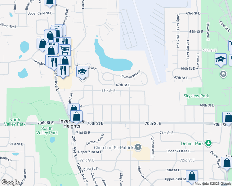 map of restaurants, bars, coffee shops, grocery stores, and more near 3401 68th Street East in Inver Grove Heights