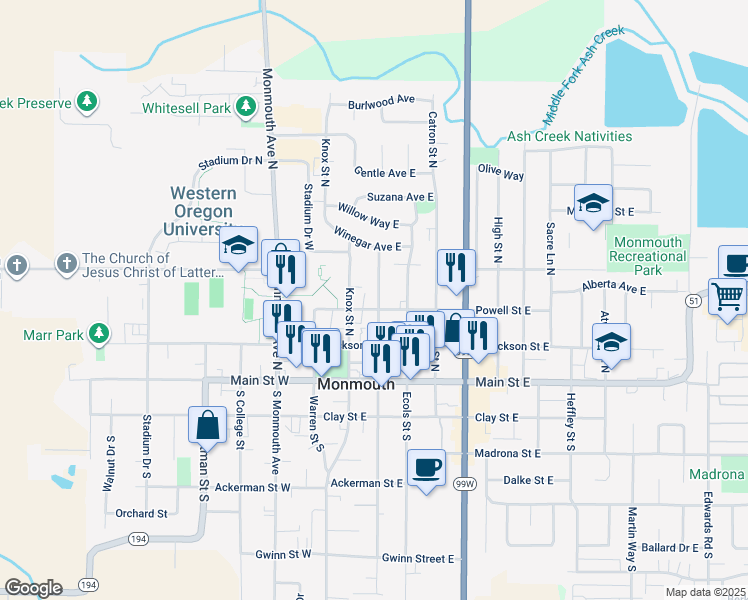 map of restaurants, bars, coffee shops, grocery stores, and more near 298 Powell Street East in Monmouth