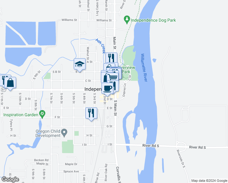 map of restaurants, bars, coffee shops, grocery stores, and more near 302 South Main Street in Independence
