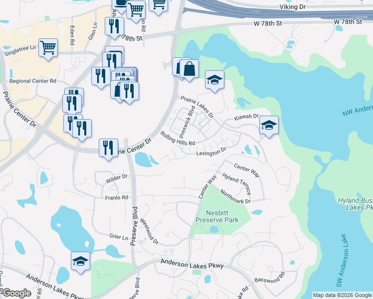 map of restaurants, bars, coffee shops, grocery stores, and more near 108 Rolling Hills Road in Eden Prairie