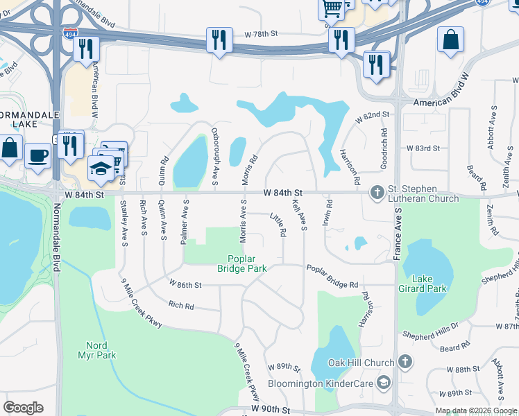 map of restaurants, bars, coffee shops, grocery stores, and more near 4517 West 84th Street in Minneapolis