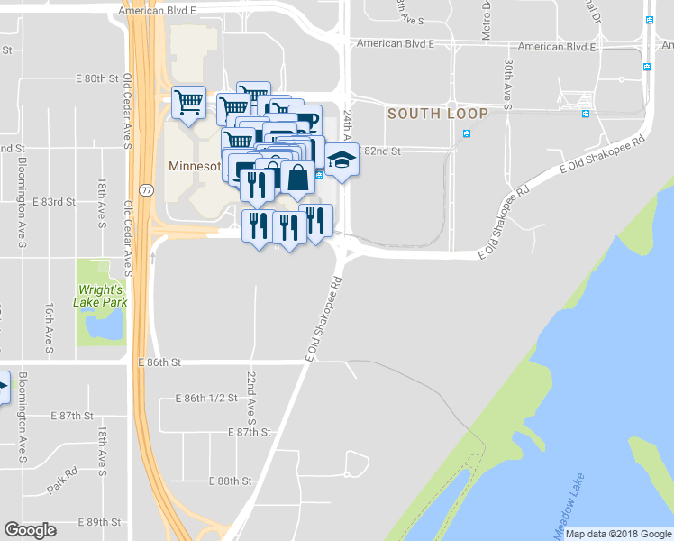 map of restaurants, bars, coffee shops, grocery stores, and more near 14802 County Road 1 in Bloomington