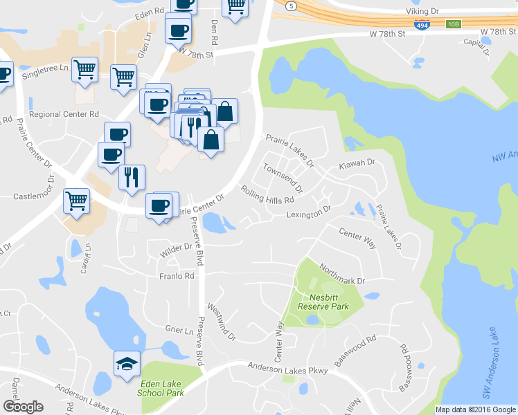 map of restaurants, bars, coffee shops, grocery stores, and more near 108 Rolling Hills Road in Eden Prairie