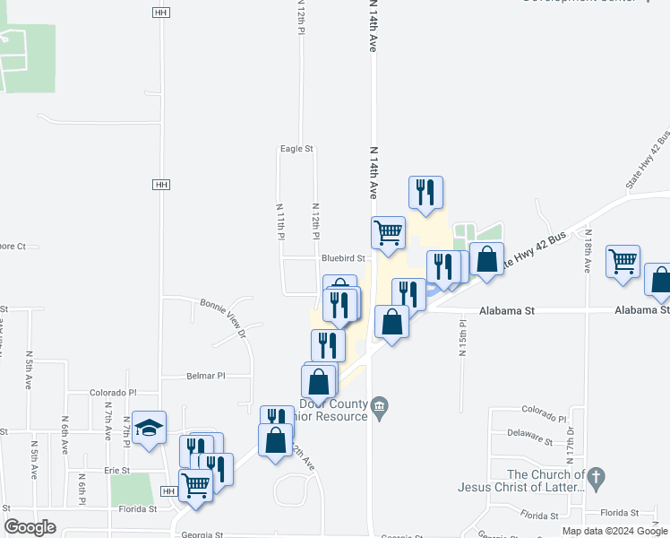 map of restaurants, bars, coffee shops, grocery stores, and more near 1252 North 12th Place in Sturgeon Bay