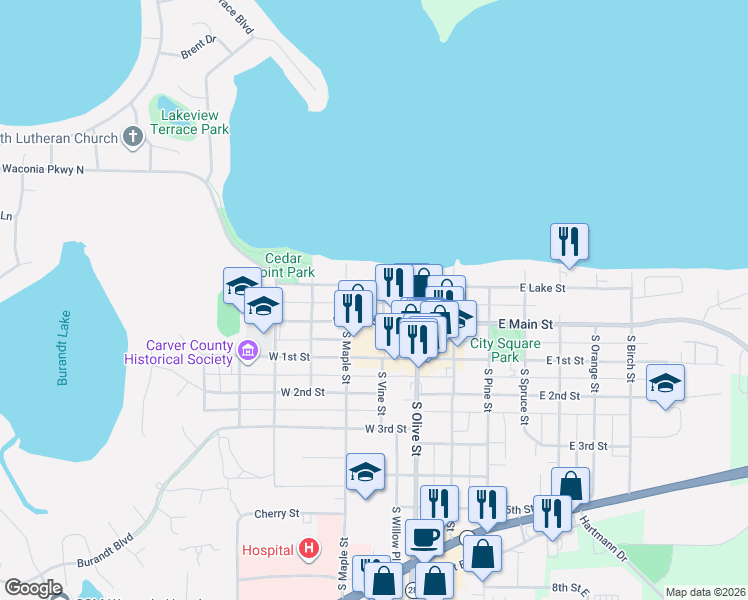 map of restaurants, bars, coffee shops, grocery stores, and more near 32 North Vine Street in Waconia