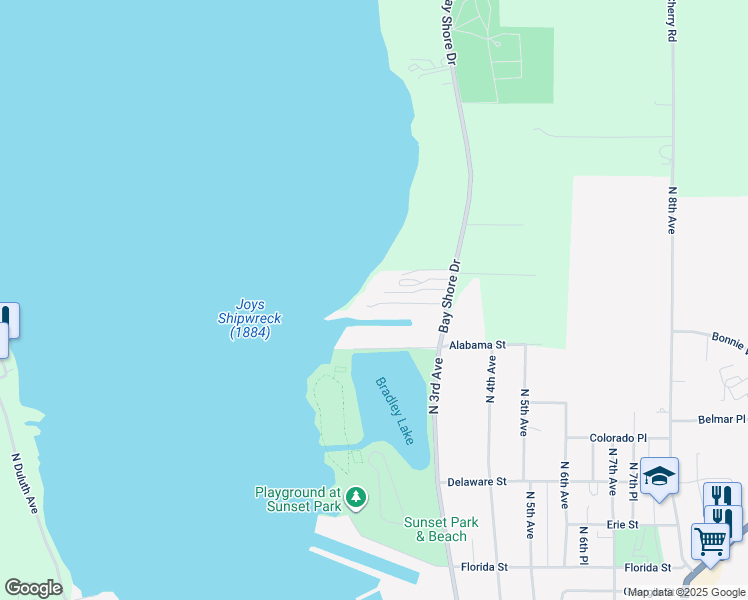 map of restaurants, bars, coffee shops, grocery stores, and more near 34 Bluebird Drive in Sturgeon Bay