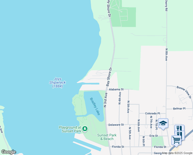 map of restaurants, bars, coffee shops, grocery stores, and more near 34 Bluebird Drive in Sturgeon Bay