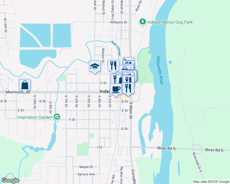 map of restaurants, bars, coffee shops, grocery stores, and more near 200-298 Monmouth Independence Hwy in Independence