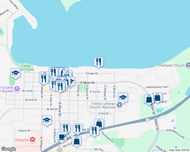 map of restaurants, bars, coffee shops, grocery stores, and more near 241 East Lake Street in Waconia
