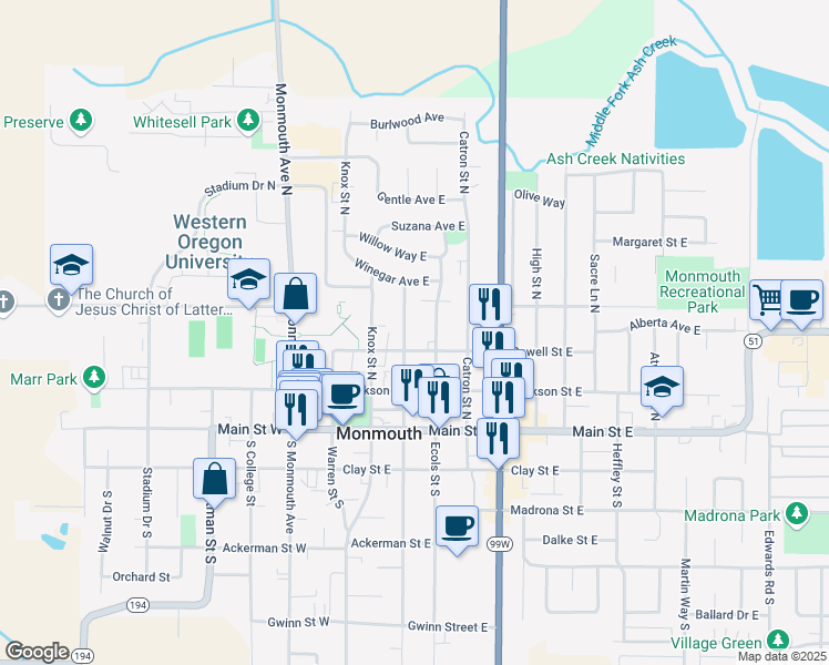 map of restaurants, bars, coffee shops, grocery stores, and more near 351 Broad Street North in Monmouth