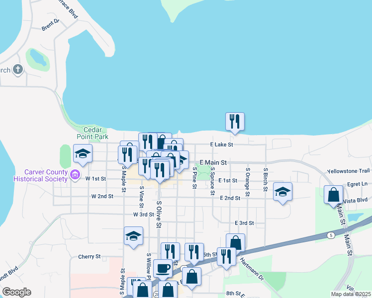 map of restaurants, bars, coffee shops, grocery stores, and more near 1 East Lake Street in Waconia