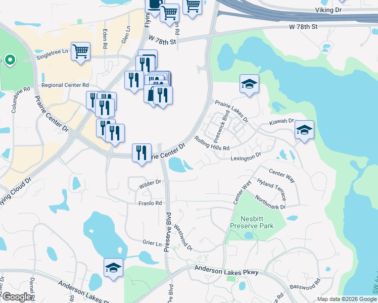 map of restaurants, bars, coffee shops, grocery stores, and more near 431 Prairie Center Drive in Eden Prairie