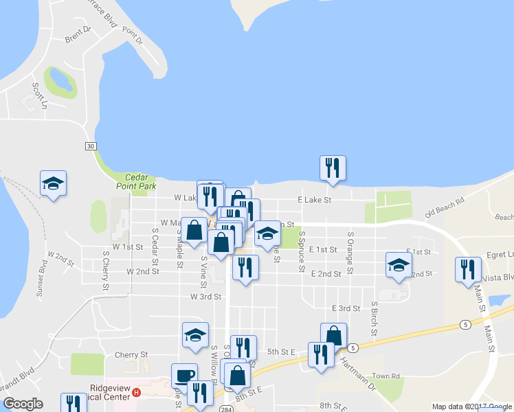 map of restaurants, bars, coffee shops, grocery stores, and more near 1 East Lake Street in Waconia