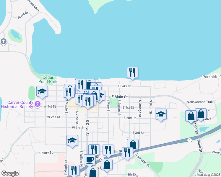 map of restaurants, bars, coffee shops, grocery stores, and more near 101 East Lake Street in Waconia