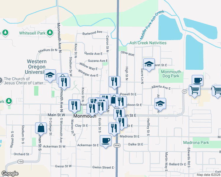 map of restaurants, bars, coffee shops, grocery stores, and more near 373 Catron Street North in Monmouth