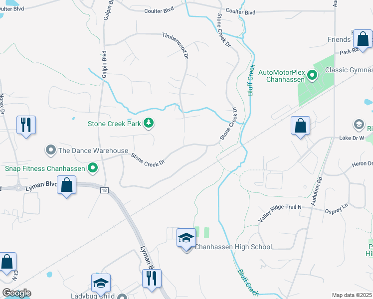 map of restaurants, bars, coffee shops, grocery stores, and more near 2109 Stone Creek Drive in Chanhassen