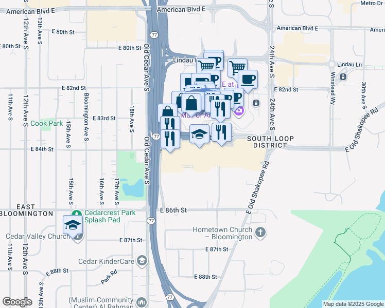 map of restaurants, bars, coffee shops, grocery stores, and more near 2001 Killebrew Drive in Bloomington