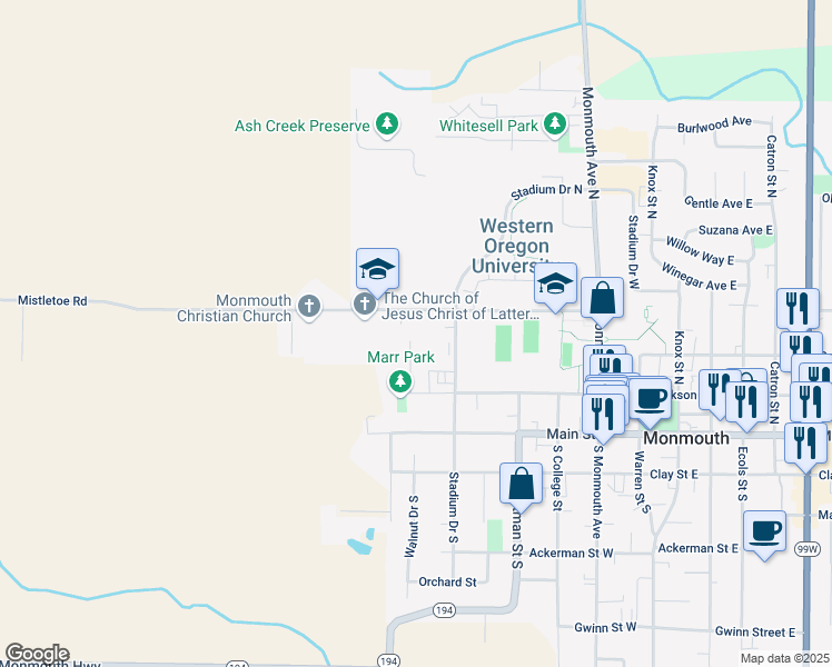 map of restaurants, bars, coffee shops, grocery stores, and more near 373 Marr Court North in Monmouth