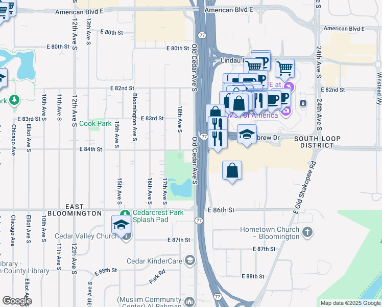 map of restaurants, bars, coffee shops, grocery stores, and more near 8400 Old Cedar Avenue South in Bloomington