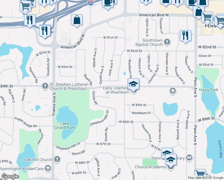 map of restaurants, bars, coffee shops, grocery stores, and more near 8401 York Avenue South in Minneapolis