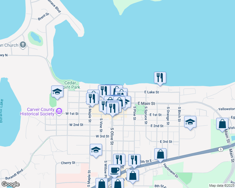 map of restaurants, bars, coffee shops, grocery stores, and more near 33 West Lake Street in Waconia