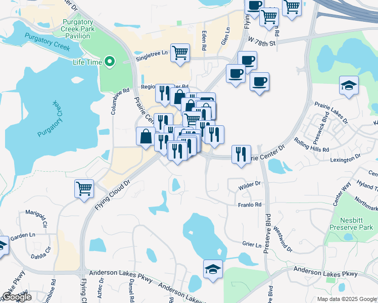 map of restaurants, bars, coffee shops, grocery stores, and more near 8423 Joiner Way in Eden Prairie