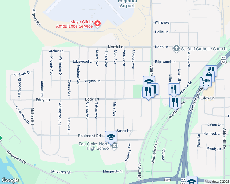 map of restaurants, bars, coffee shops, grocery stores, and more near 3036 Mars Avenue in Eau Claire