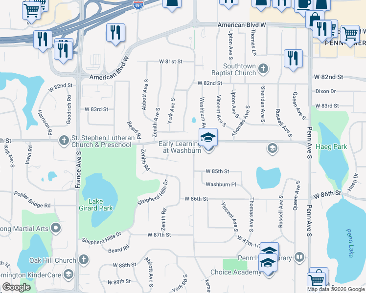 map of restaurants, bars, coffee shops, grocery stores, and more near 3111 West 84th Street in Minneapolis