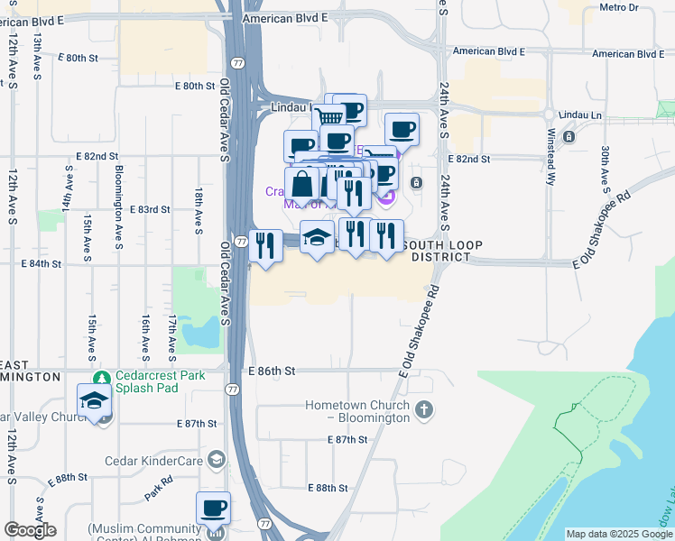 map of restaurants, bars, coffee shops, grocery stores, and more near 2101 Killebrew Dr in Bloomington