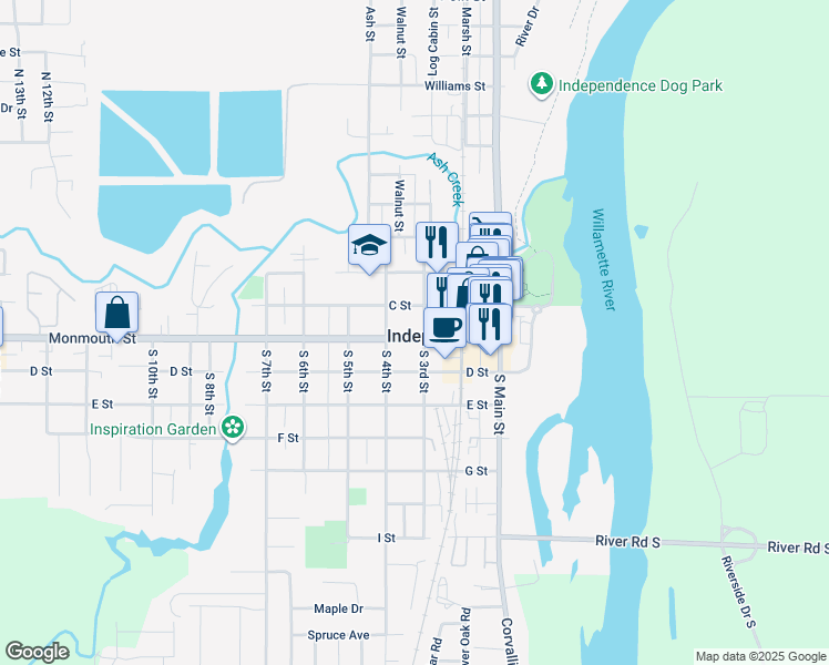 map of restaurants, bars, coffee shops, grocery stores, and more near 330 Monmouth Street in Independence