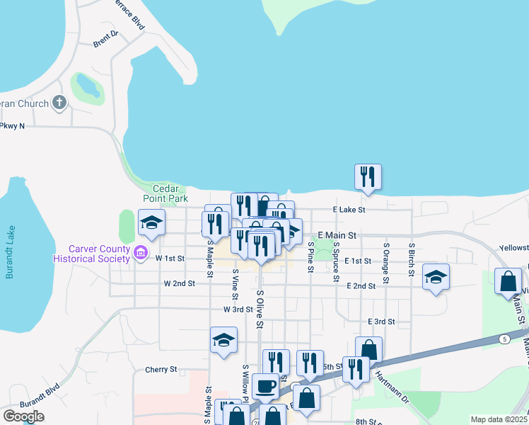 map of restaurants, bars, coffee shops, grocery stores, and more near 33 West Lake Street in Waconia