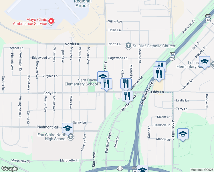 map of restaurants, bars, coffee shops, grocery stores, and more near 2226 Eddy Lane in Eau Claire