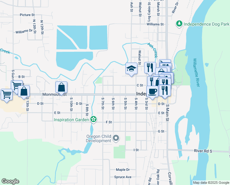 map of restaurants, bars, coffee shops, grocery stores, and more near 590 Monmouth Street in Independence