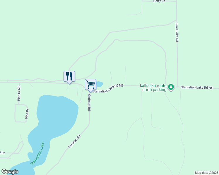 map of restaurants, bars, coffee shops, grocery stores, and more near 11380 Starvation Lake Road Northeast in Mancelona