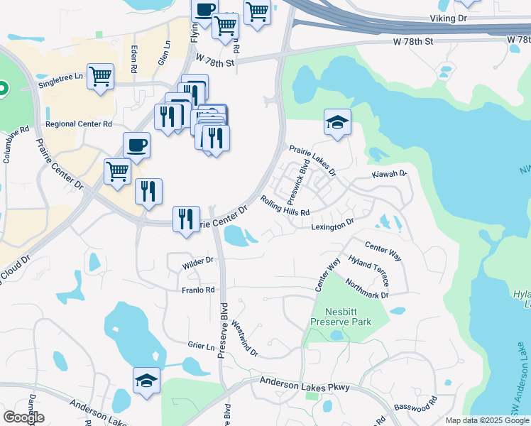 map of restaurants, bars, coffee shops, grocery stores, and more near 429 Prairie Center Drive in Eden Prairie