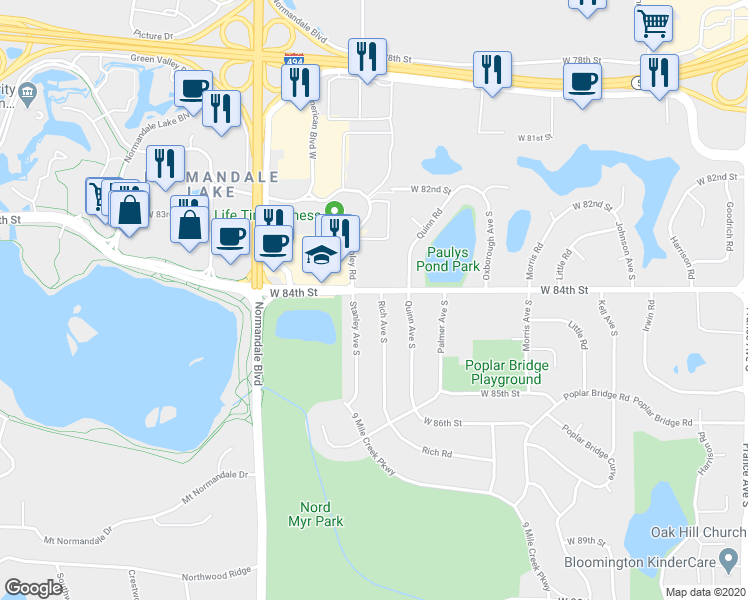 map of restaurants, bars, coffee shops, grocery stores, and more near 5101 West 84th Street in Minneapolis