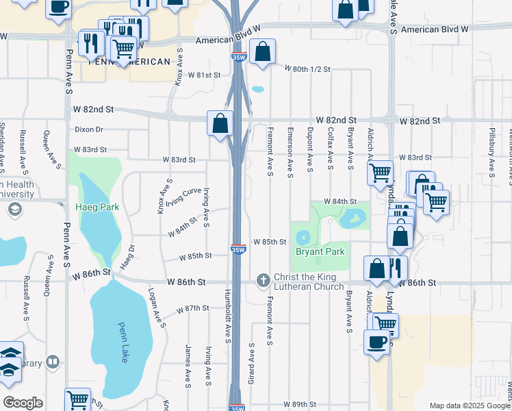 map of restaurants, bars, coffee shops, grocery stores, and more near 8350 Fremont Avenue South in Minneapolis