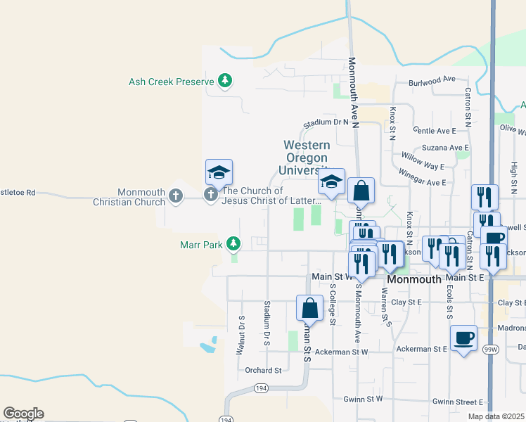 map of restaurants, bars, coffee shops, grocery stores, and more near 356 Stadium Drive North in Monmouth