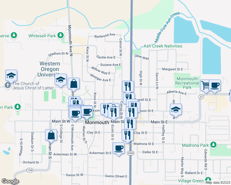 map of restaurants, bars, coffee shops, grocery stores, and more near 354 Catron Street North in Monmouth